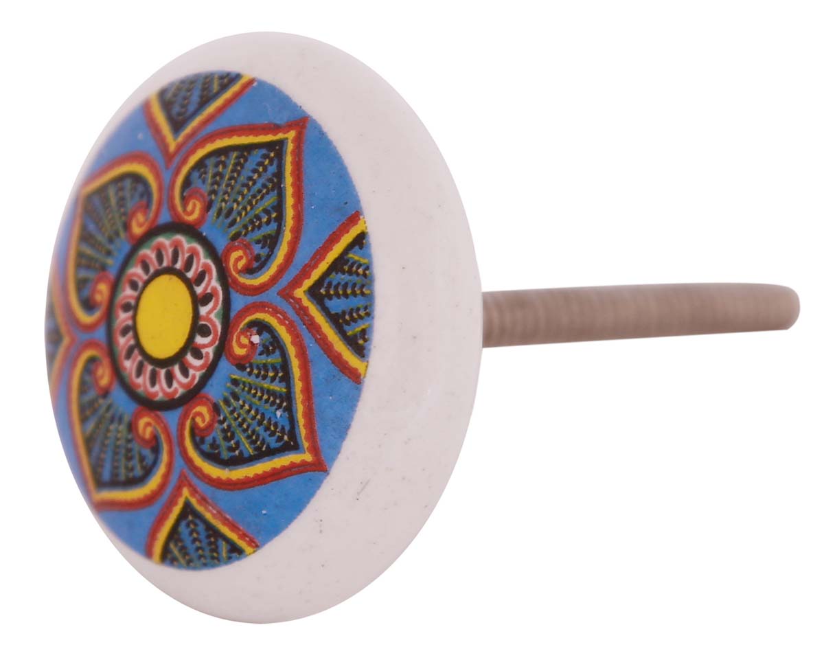 Bulk Wholesale Handmade Set of 6 Round Ceramic Drawer Knobs / Pulls  for Cabinets / Dressers / Doors Decorated with Colorful Traditional Motifs over a White Base – Home Décor