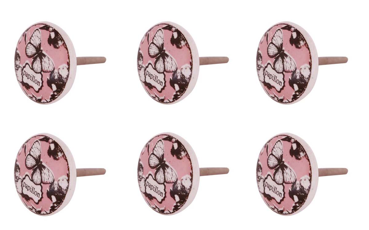 Bulk Wholesale Handmade Set of 6 Round Ceramic Knobs / Pulls  in Pink Color with a Butterfly Motif – Handles for Drawers – Home Décor