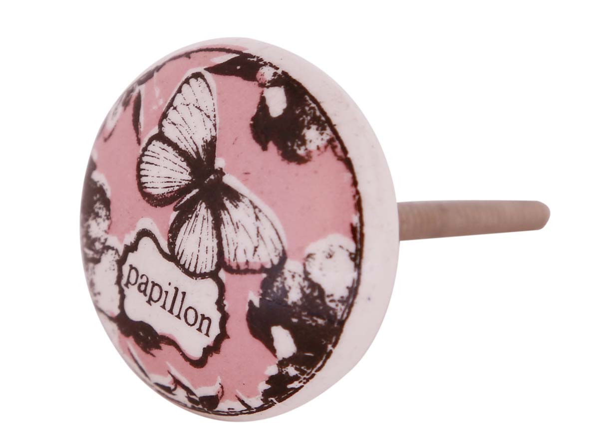 Bulk Wholesale Handmade Set of 6 Round Ceramic Knobs / Pulls  in Pink Color with a Butterfly Motif – Handles for Drawers – Home Décor