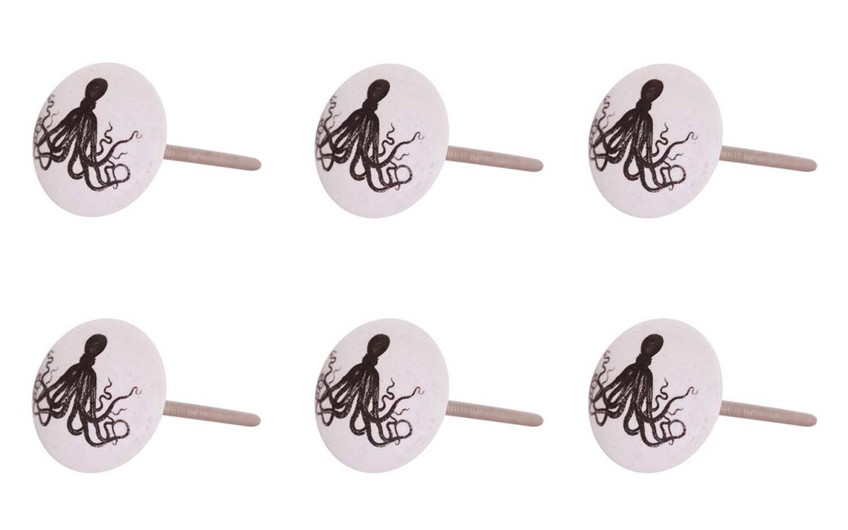 Bulk Wholesale Handmade White Color Round Set of 6 Ceramic Knobs  with a Black Octopus Motif – Knobs & Pulls for Drawers / Dressers / Cabinets – Home Décor