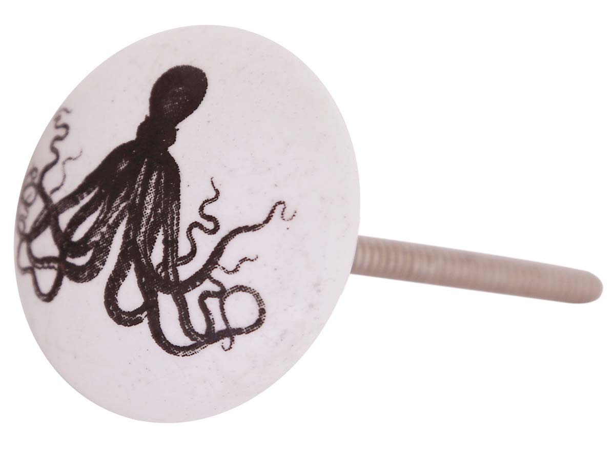 Bulk Wholesale Handmade White Color Round Set of 6 Ceramic Knobs  with a Black Octopus Motif – Knobs & Pulls for Drawers / Dressers / Cabinets – Home Décor