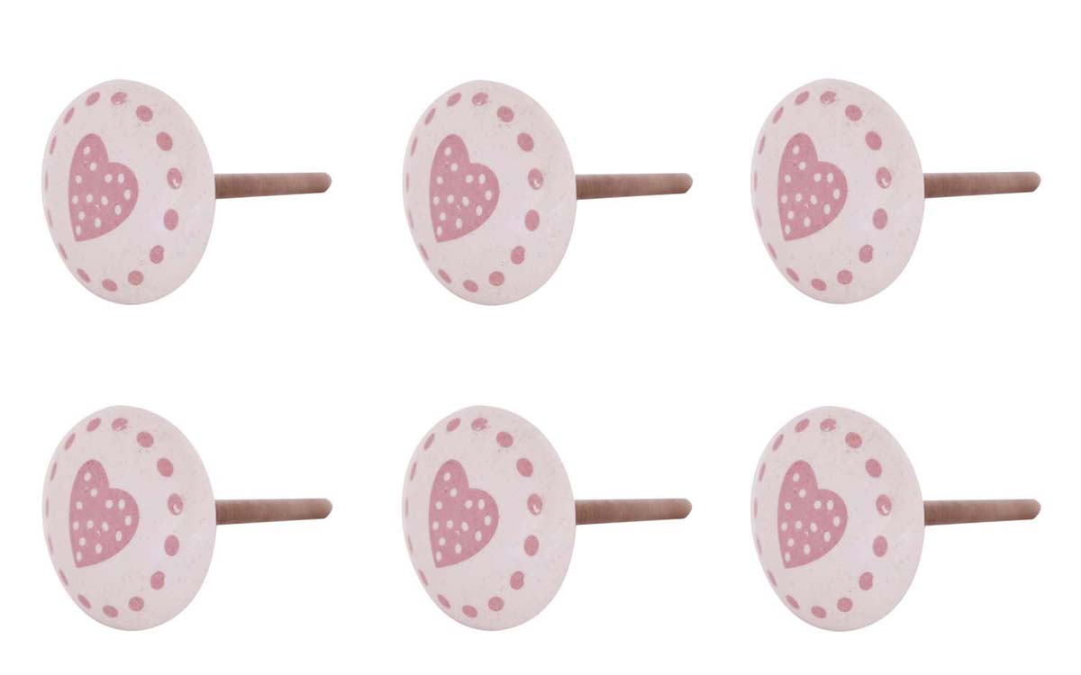 Bulk Wholesale Handmade Set of 6 White Color Round Ceramic Knobs  with a Pink Heart Motif – Knobs & Pulls for Drawers / Dressers / Cabinets – Kids Room Décor