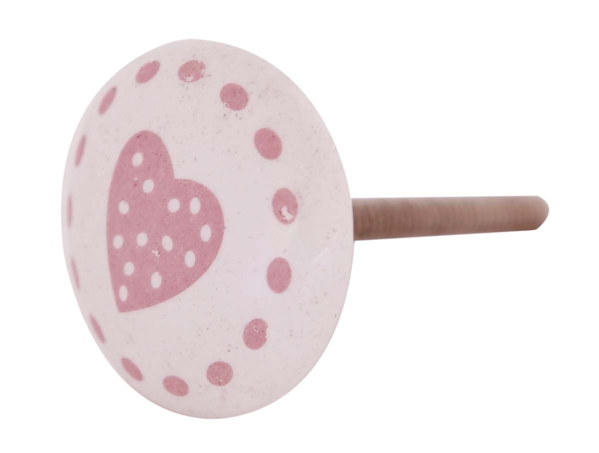 Bulk Wholesale Handmade Set of 6 White Color Round Ceramic Knobs  with a Pink Heart Motif – Knobs & Pulls for Drawers / Dressers / Cabinets – Kids Room Décor