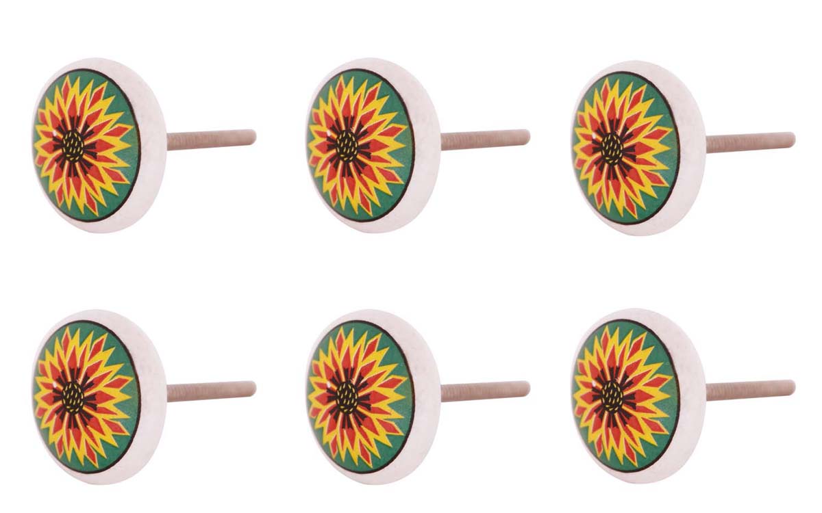 Bulk Wholesale Handmade Set of 6 White Color Round Ceramic Knobs  with a Multicolored Flower Motif – Knobs & Pulls for Drawers / Dressers / Cabinets – Ethnic-Look Home Décor