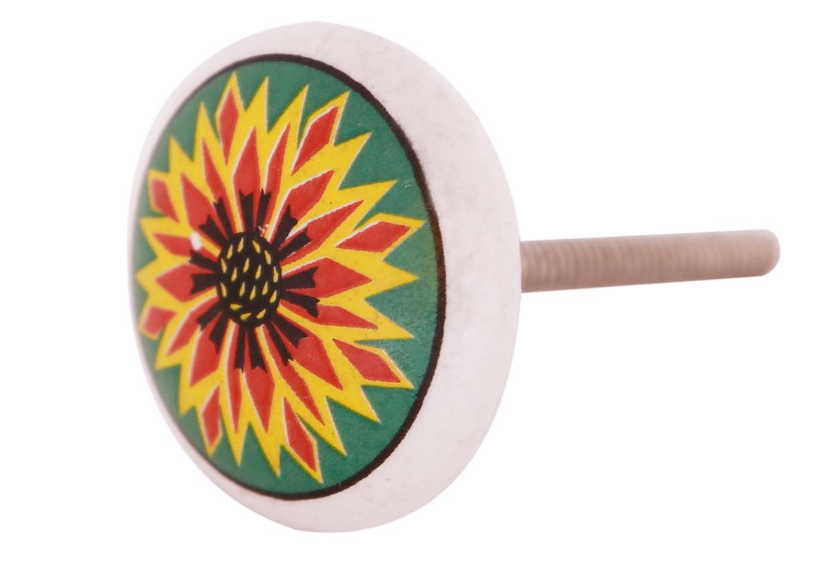 Bulk Wholesale Handmade Set of 6 White Color Round Ceramic Knobs  with a Multicolored Flower Motif – Knobs & Pulls for Drawers / Dressers / Cabinets – Ethnic-Look Home Décor