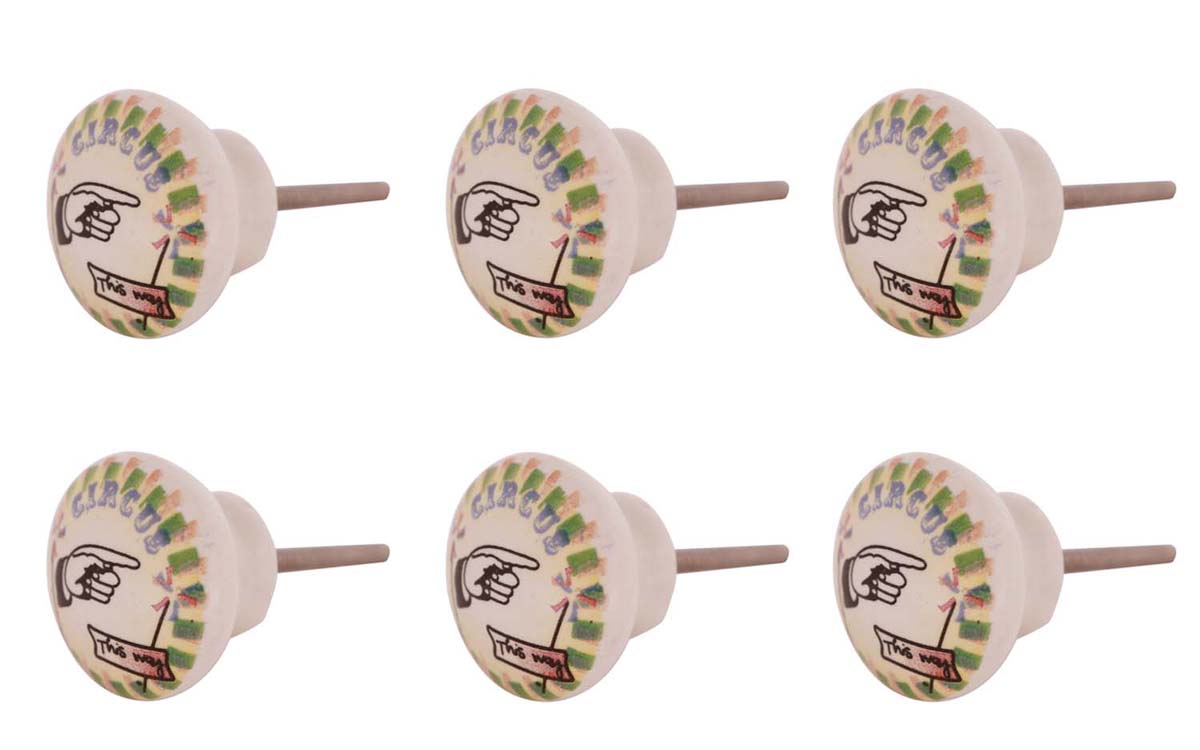 Bulk Wholesale Handmade Round Ceramic Knobs / Pulls  in White Color with a Hand Motif & Circus Written in Colors – Decorative Handles for Cabinet Drawers / Dressers / Cup-boards – Home Décor