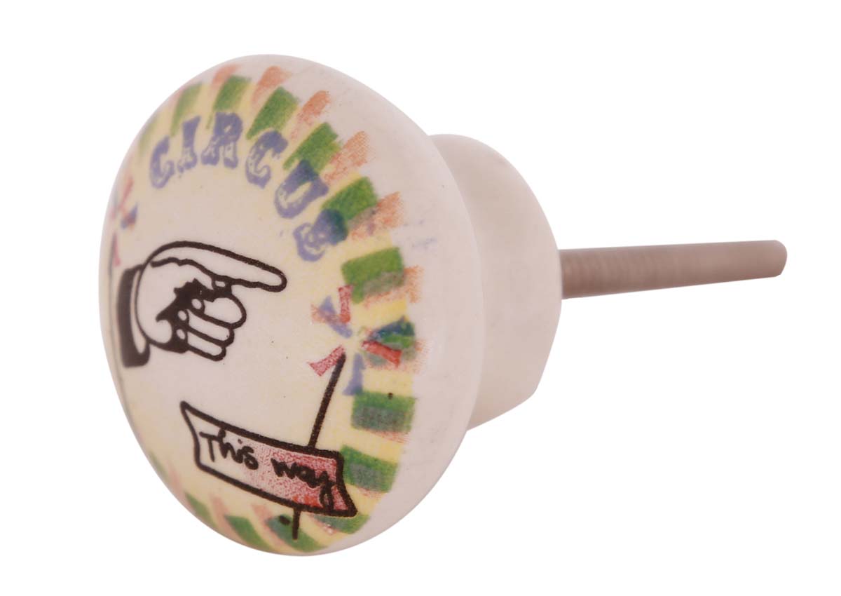 Bulk Wholesale Handmade Round Ceramic Knobs / Pulls  in White Color with a Hand Motif & Circus Written in Colors – Decorative Handles for Cabinet Drawers / Dressers / Cup-boards – Home Décor