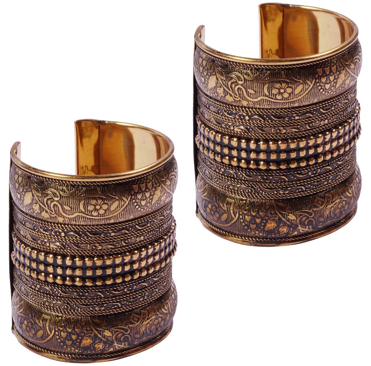 Handmade Golden Cuff Bracelets in Metal with Floral Motifs - Set of 2 - 3” Wrist Accessory with Embossing - Formal Gifts for Women - Buy in Bulk Wholesale