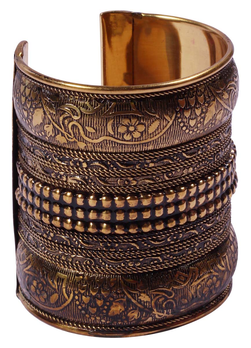Handmade Golden Cuff Bracelets in Metal with Floral Motifs - Set of 2 - 3” Wrist Accessory with Embossing - Formal Gifts for Women - Buy in Bulk Wholesale