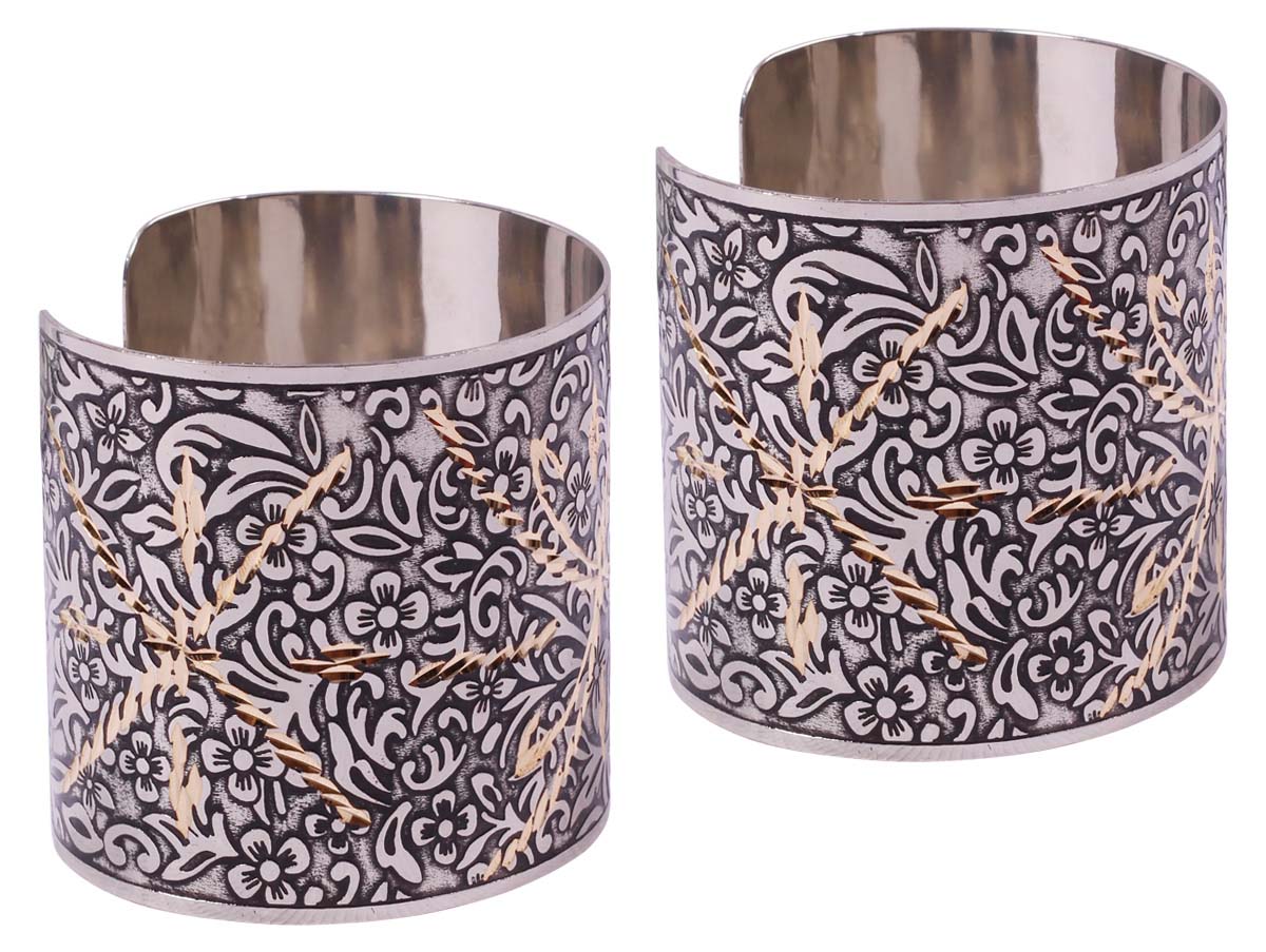 Handmade Cuff Bracelets in Metal - Set of 2 - 3” Wrist Accessory with Floral Motifs - Gifts for Women - Buy in Bulk Wholesale