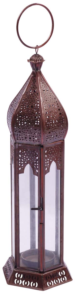 Buy in Bulk Wholesale Iron Hanging Lantern in Copper Finish - 13.5” Antique-Look Tea-Light Holder with Perforated Design - Home Decor