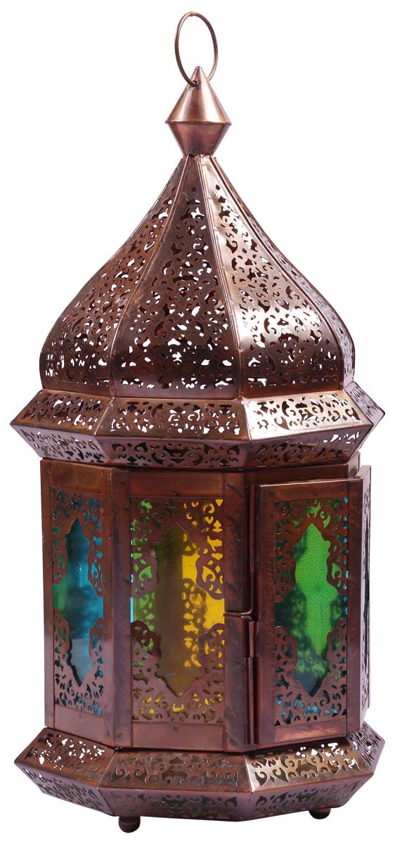 Buy in Bulk Wholesale Iron Hanging Lantern in Copper Finish - 18” Antique-Look Tea-Light Holder with Perforated Design & Multi-Shade Glass - Home Decor/Gifts