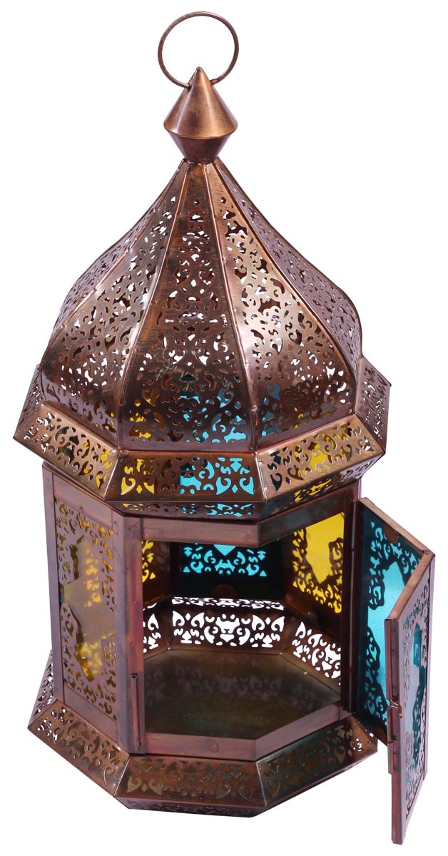 Buy in Bulk Wholesale Iron Hanging Lantern in Copper Finish - 18” Antique-Look Tea-Light Holder with Perforated Design & Multi-Shade Glass - Home Decor/Gifts