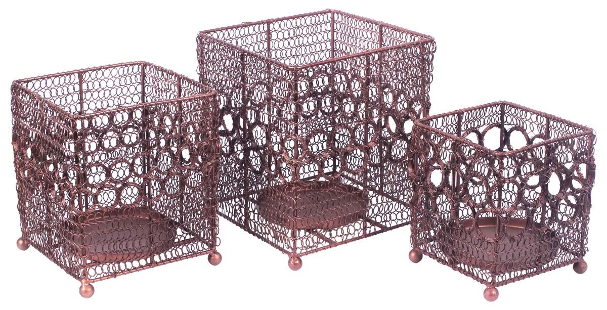 Square Tea-Light Holders / Candle Stands in Metal Wire Mesh Pattern - Set of 3- Copper Color - Antique-Look Home Decor / Gifts - Buy in Bulk Wholesale