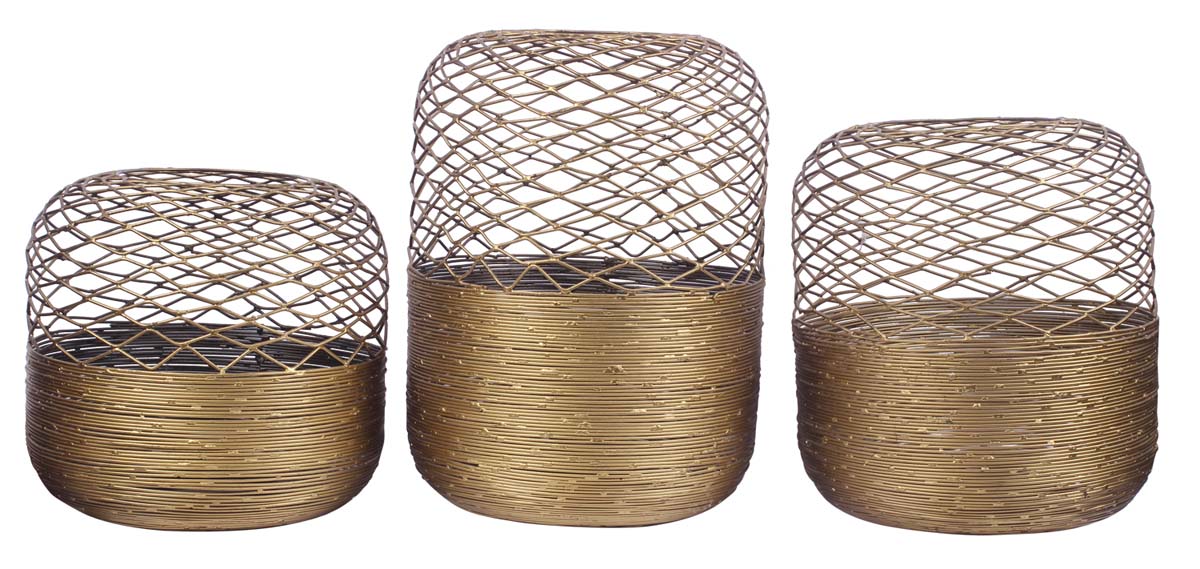 Cylindrical Tea-Light Holders / Candle Stands in Metal Wire with Diamond Pattern - Set of 3- Golden Color - Antique-Look Home Decor / Gifts - Buy in Bulk Wholesale