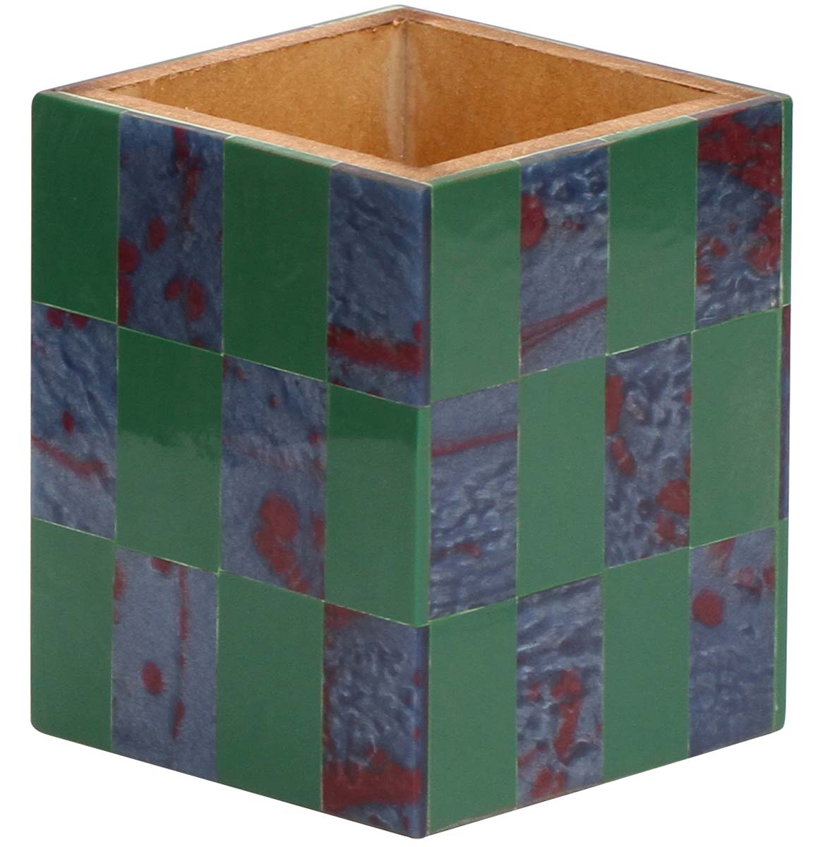Bulk Wholesale Handmade MDF Pen Stand / Holder / Organizer Decorated with Blue & Green Rectangular Patterns – Geometric Designs – Desk Accessories – Home / Office Décor