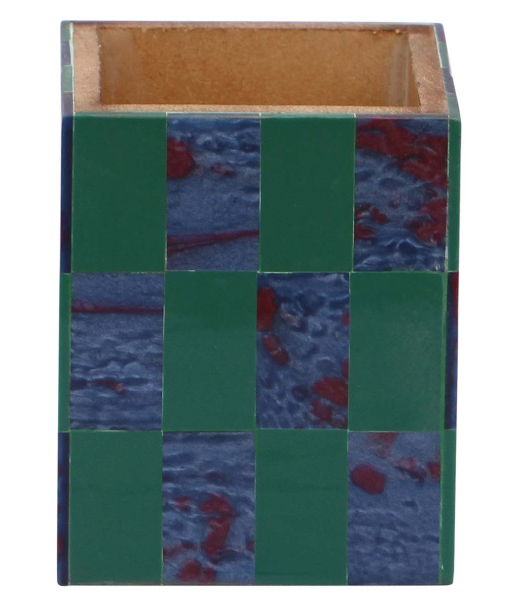 Bulk Wholesale Handmade MDF Pen Stand / Holder / Organizer Decorated with Blue & Green Rectangular Patterns – Geometric Designs – Desk Accessories – Home / Office Décor