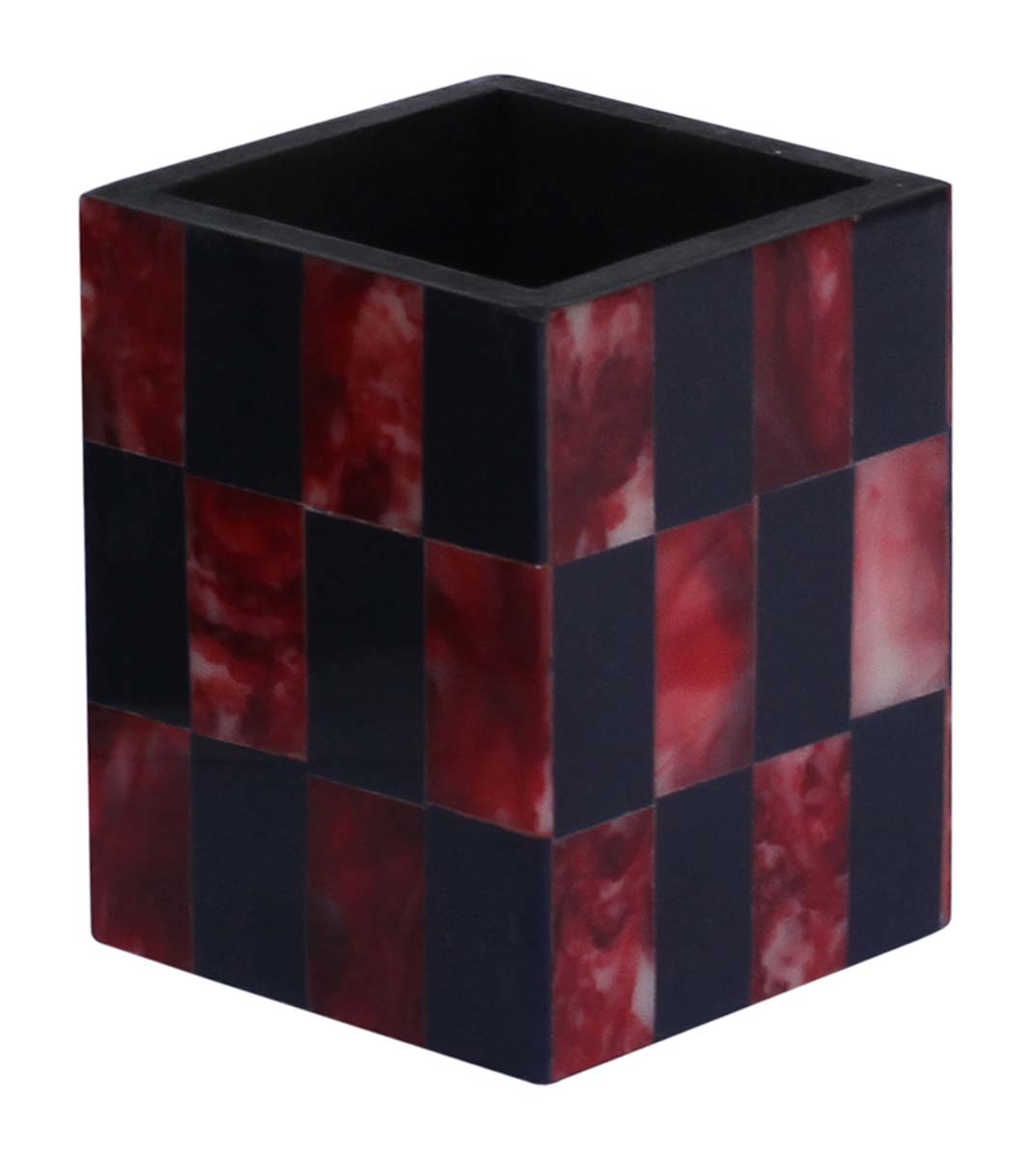 Bulk Wholesale Handmade MDF Pen Stand / Holder / Organizer Decorated with Red & Black Rectangular Patterns – Geometric Designs – Desk Accessories – Home / Office Décor