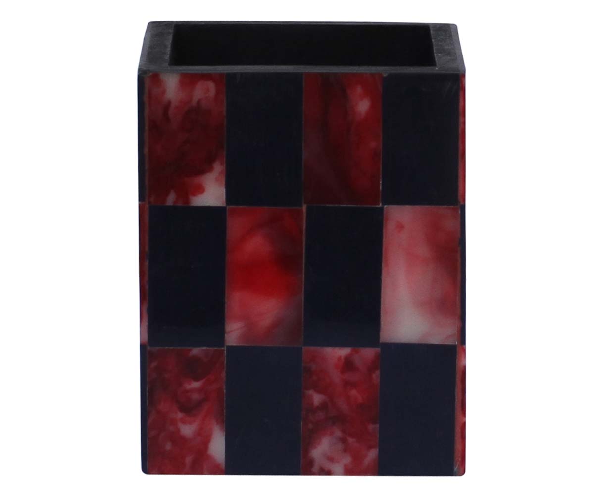 Bulk Wholesale Handmade MDF Pen Stand / Holder / Organizer Decorated with Red & Black Rectangular Patterns – Geometric Designs – Desk Accessories – Home / Office Décor