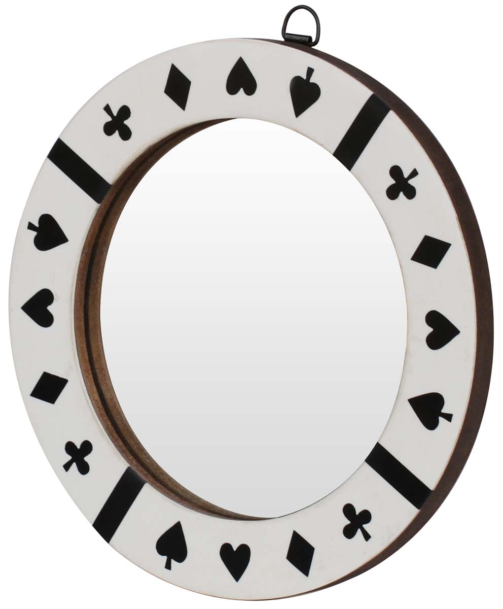 Wholesale Round 10.5” Wall Mirror in Bulk - Handmade Decorative White Wall-Mounted Mirror with an Iron Ring for Hanging - Decorated with Hearts, Spades, Clubs & Diamond Patterns in Black Color - Wall & Home Decor Furnishings