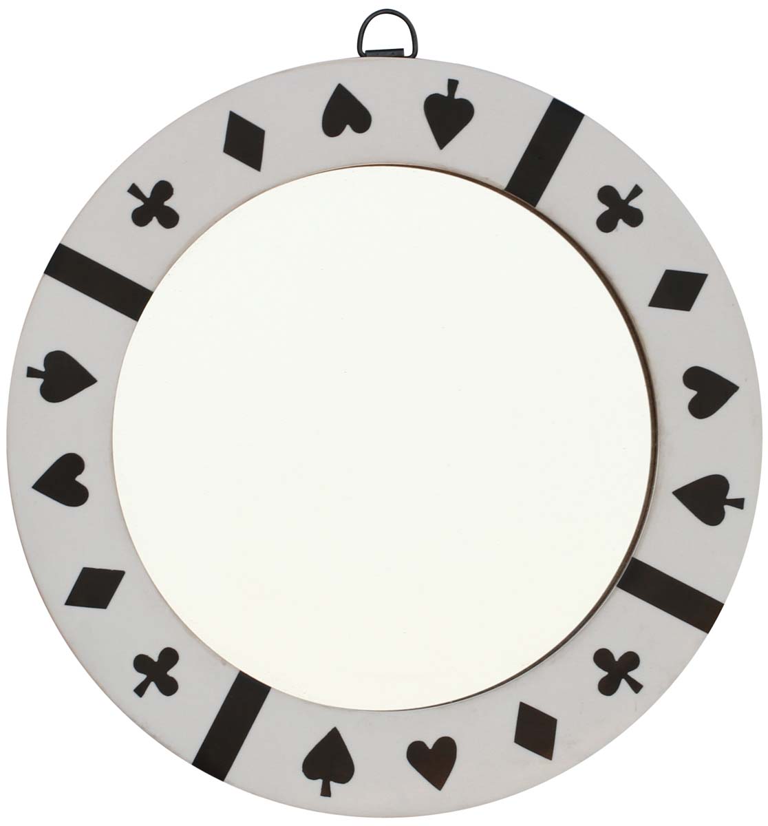 Wholesale Round 10.5” Wall Mirror in Bulk - Handmade Decorative White Wall-Mounted Mirror with an Iron Ring for Hanging - Decorated with Hearts, Spades, Clubs & Diamond Patterns in Black Color - Wall & Home Decor Furnishings