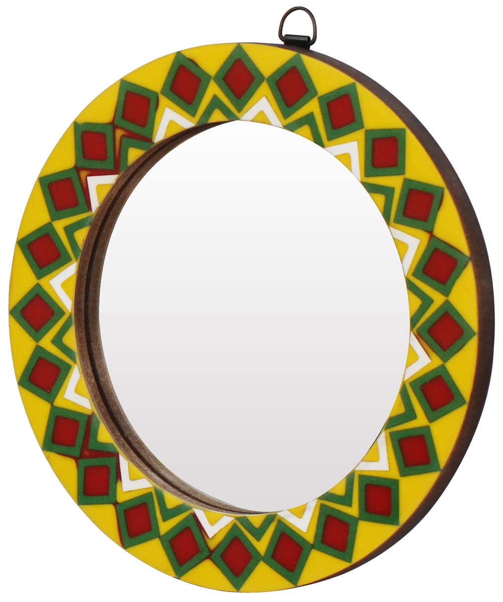 Wholesale Round 10.5” Wall Mirror in Bulk - Handmade Decorative Colorful Wall-Mounted Mirror with an Iron Ring for Hanging - Decorated with Square Patterns - Wall & Home Decor Furnishings