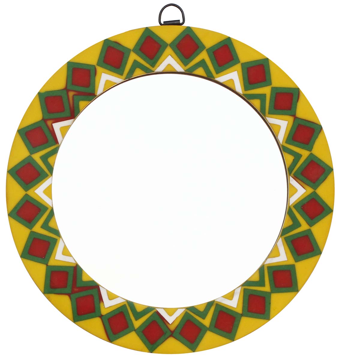 Wholesale Round 10.5” Wall Mirror in Bulk - Handmade Decorative Colorful Wall-Mounted Mirror with an Iron Ring for Hanging - Decorated with Square Patterns - Wall & Home Decor Furnishings