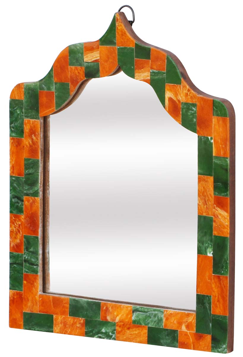 Wholesale Round 12.7” Wall Mirror in Bulk - Handmade Decorative Orange & Green Wall-Mounted Mirror with an Iron Ring for Hanging - Decorated with Rectangular Patterns - Wall & Home Decor Furnishings