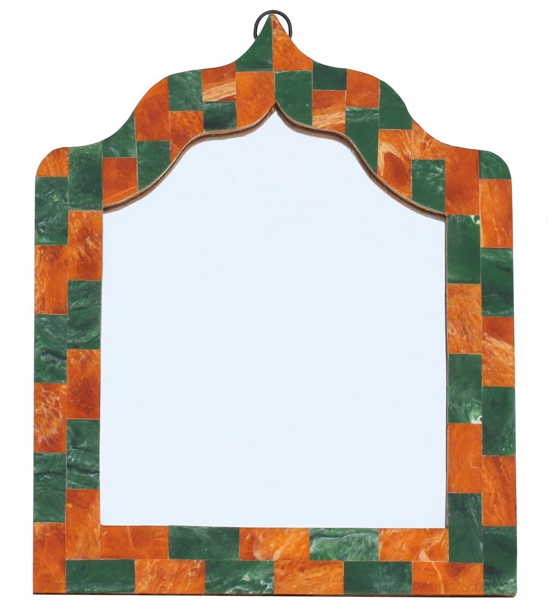 Wholesale Round 12.7” Wall Mirror in Bulk - Handmade Decorative Orange & Green Wall-Mounted Mirror with an Iron Ring for Hanging - Decorated with Rectangular Patterns - Wall & Home Decor Furnishings