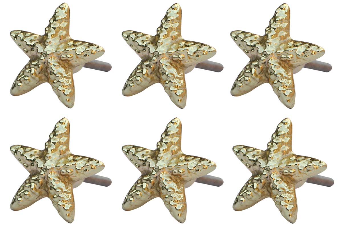 Bulk Wholesale Handmade Set of 6 Star Fish Design Knobs / Pulls  in Metal with Golden Highlights on Textured Surface – Decorative Handles for Cabinet Doors / Drawers / Cup-Boards – Home Décor