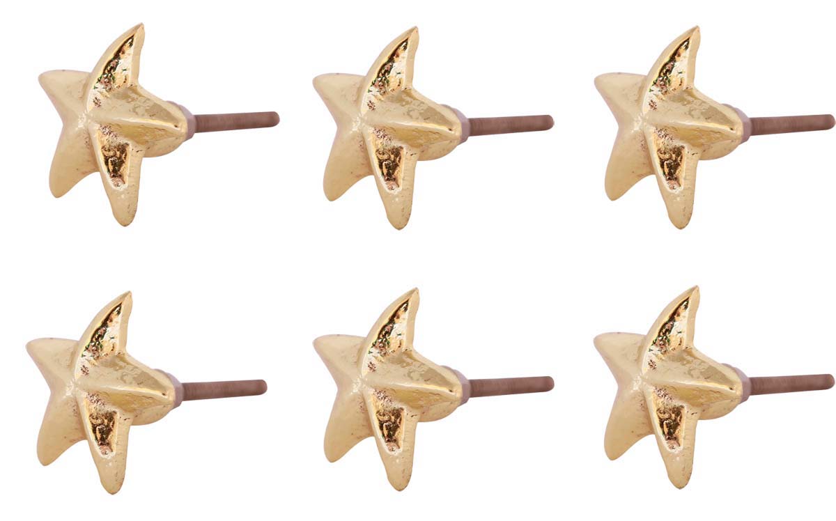 Bulk Wholesale Set of 6 Knobs / Pulls in Metal with Golden Finish Handmade Star Fish Design – Decorative Handles for Cabinet Doors / Drawers / Cup-Boards – Home Décor