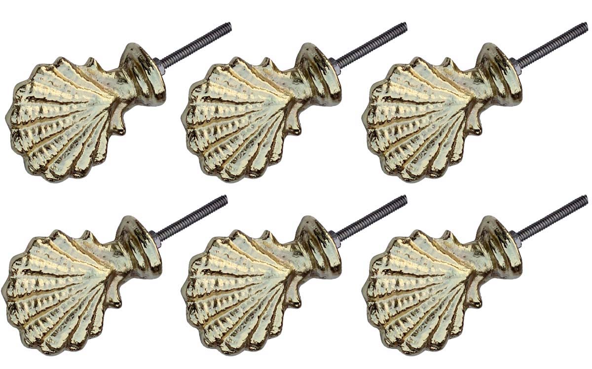 Bulk Wholesale Set of 6 Handmade Pearl Sea-Shell Design Knobs / Pulls in Metal with Golden Finish on Ribbed Surface – Decorative Handles for Cabinet Doors / Drawers / Cup-Boards – Home Décor
