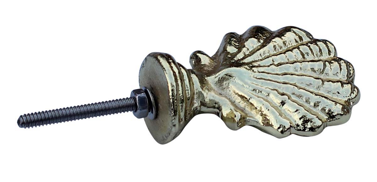 Bulk Wholesale Set of 6 Handmade Pearl Sea-Shell Design Knobs / Pulls in Metal with Golden Finish on Ribbed Surface – Decorative Handles for Cabinet Doors / Drawers / Cup-Boards – Home Décor