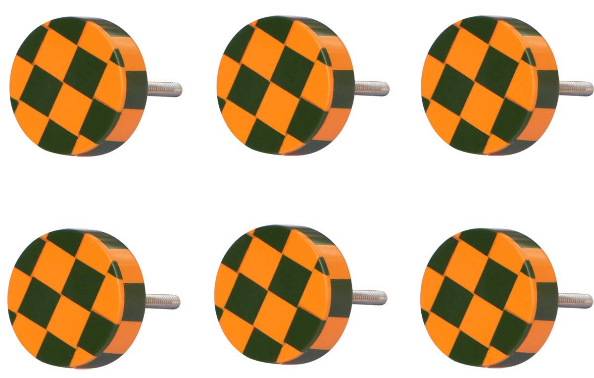 Bulk Wholesale Handmade Set of 6 Round-Shaped Drawer Knobs in Wood & Acrylic with Green & Orange Check Pattern – Decorative Pulls for Cabinets / Doors / Cup-Boards – Home Décor