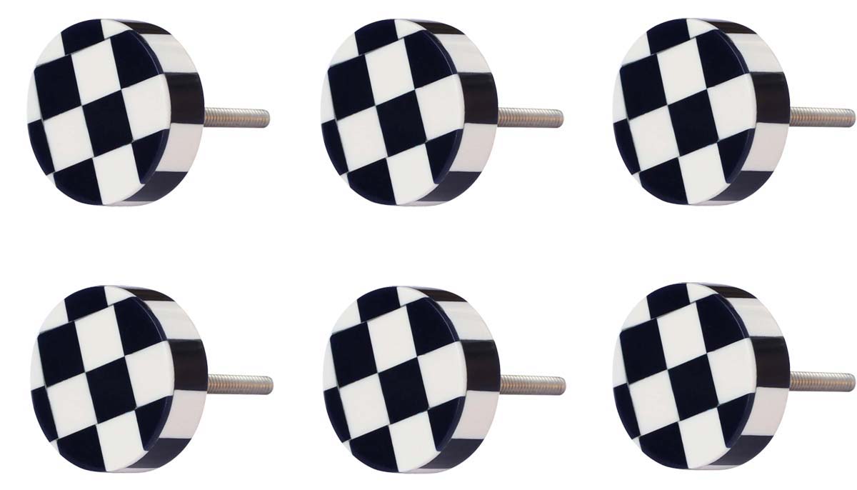 Bulk Wholesale Set of 6 Handmade Round-Shaped Drawer Knobs  with Black & White Check Pattern – Decorative Pulls for Cabinets / Doors / Cup-Boards – Home Décor
