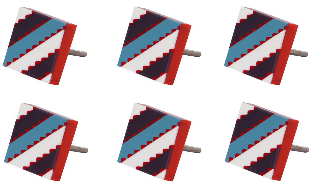 Bulk Wholesale Set of 6 Handmade Square-Shaped Drawer Knobs in Wood & Acrylic with Colorful Diagonal Stripe Pattern – Decorative Pulls for Cabinets / Doors / Cup-Boards – Home Décor