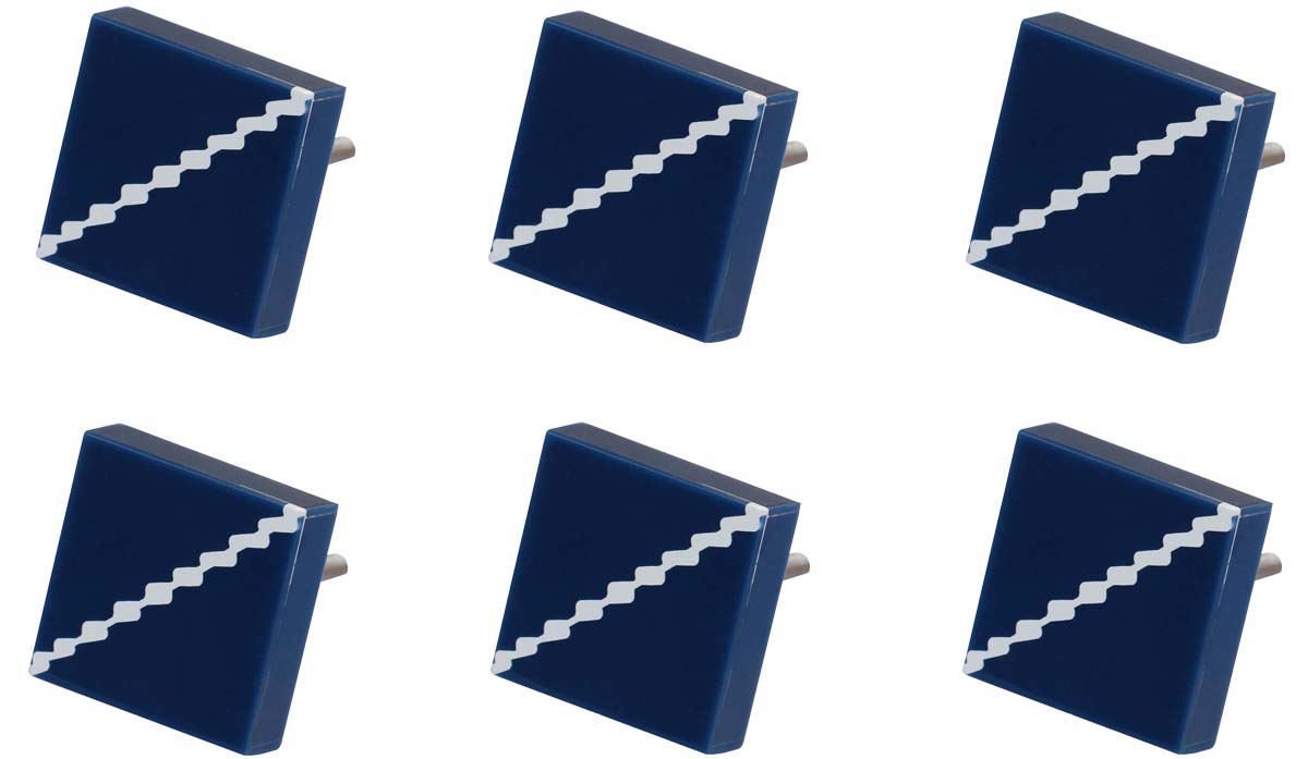 Bulk Wholesale Set of 6 Handmade Square-Shaped Drawer Knobs in Wood & Acrylic with White Wavy Pattern on a Dark Blue Base – Decorative Pulls for Cabinets / Doors / Cup-Boards – Home Décor