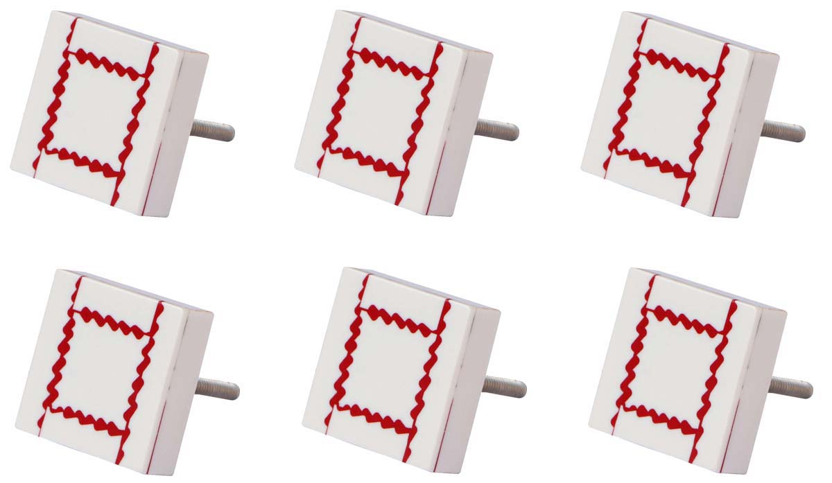 Bulk Wholesale Set of 6 Handmade Square-Shaped Drawer Knobs in Wood & Acrylic with Red Wavy Patterns on a White Base – Decorative Pulls for Cabinets / Doors / Cup-Boards – Home Décor