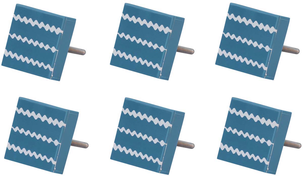 Bulk Wholesale Handmade Set of 6 Square-Shaped Drawer Knobs in Wood & Acrylic with Parallel Wavy Patterns in White on a Blue Base – Decorative Pulls for Cabinets / Doors / Cup-Boards – Home Décor