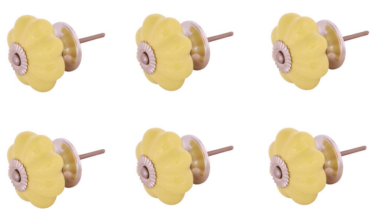 Bulk Wholesale Handmade Set of 6 Ceramic Yellow Color Knobs / Pulls in Pumpkin Design – Decorative Handles for Drawers / Cabinets / Doors / Cup-Boards – Home Décor