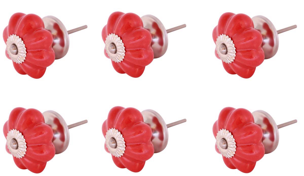 Bulk Wholesale Set of 6 Handmade Ceramic Red Color Knobs / Pulls  in Pumpkin Design – Decorative Handles for Drawers / Cabinets / Doors / Cup-Boards – Home Décor
