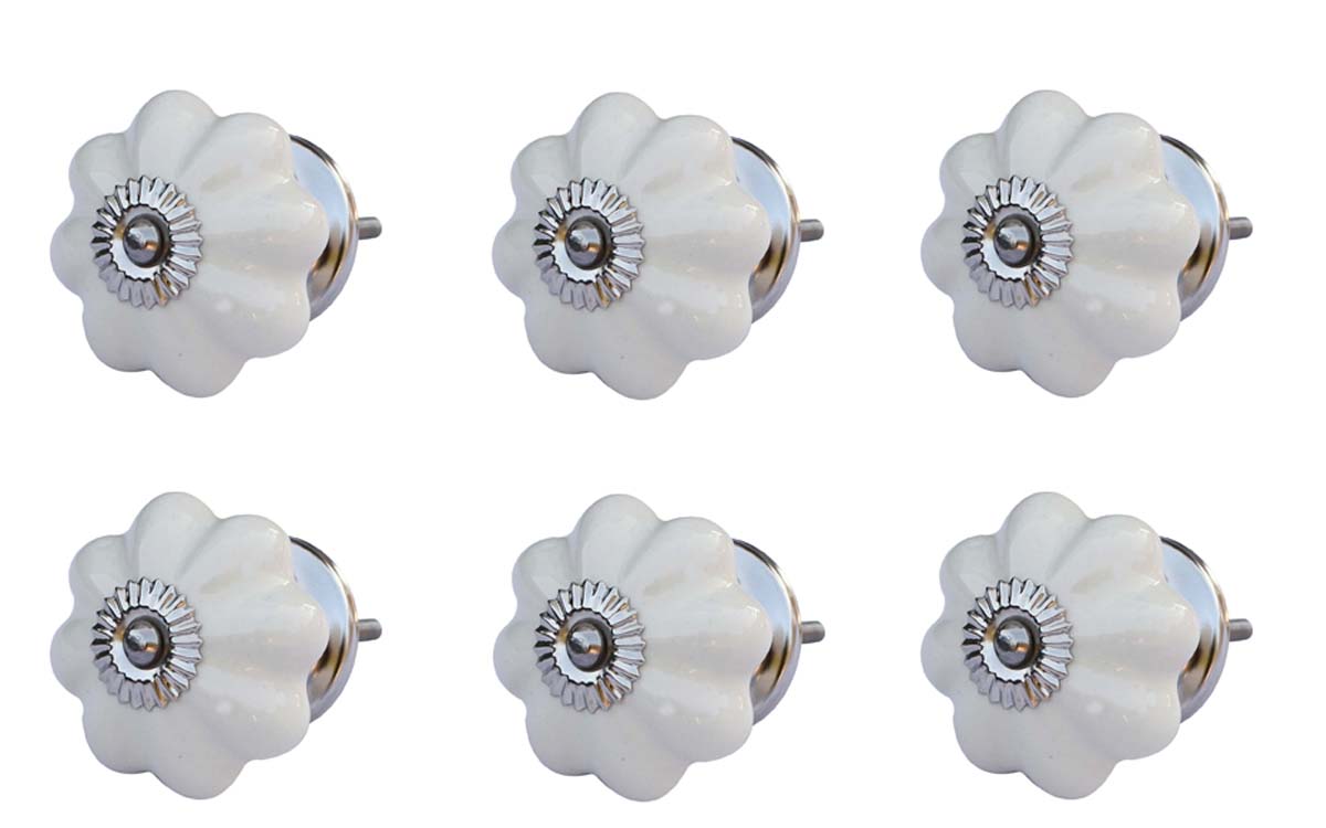 Bulk Wholesale Set of 6 Handmade Ceramic White Color Knobs / Pulls in Pumpkin Design – Decorative Handles for Drawers / Cabinets / Doors / Cup-Boards – Home Décor