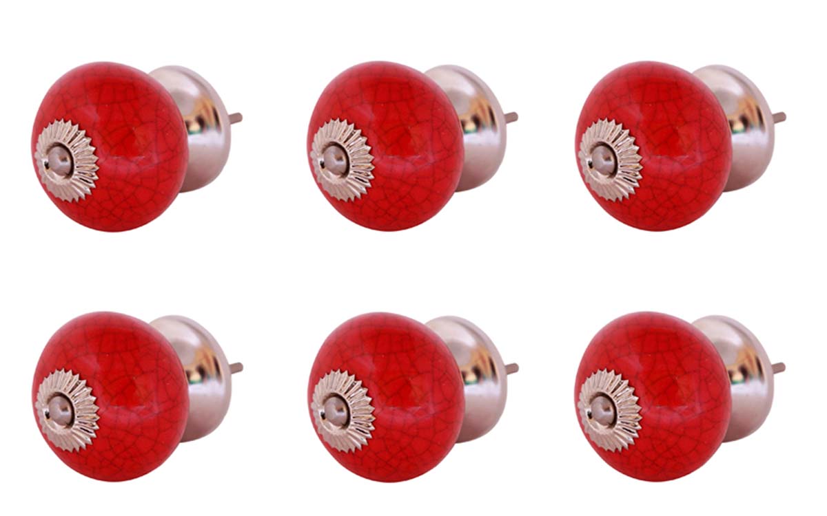 Bulk Wholesale Set of 6 Handmade Red Color Drawer Knobs / Pulls in Ceramic with Crackled Effect - Decorative Handles for Drawers / Cabinets / Doors / Cup-Boards – Home Décor