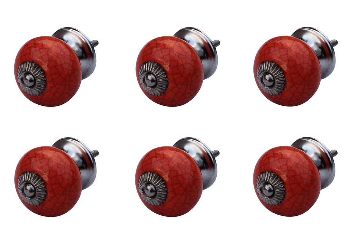 Bulk Wholesale Set of 6 Handmade Antique-Look Drawer Knobs / Pulls in Ceramic with Crackled Effect in Red Color - Decorative Handles for Drawers / Cabinets / Doors / Cup-Boards – Home Décor