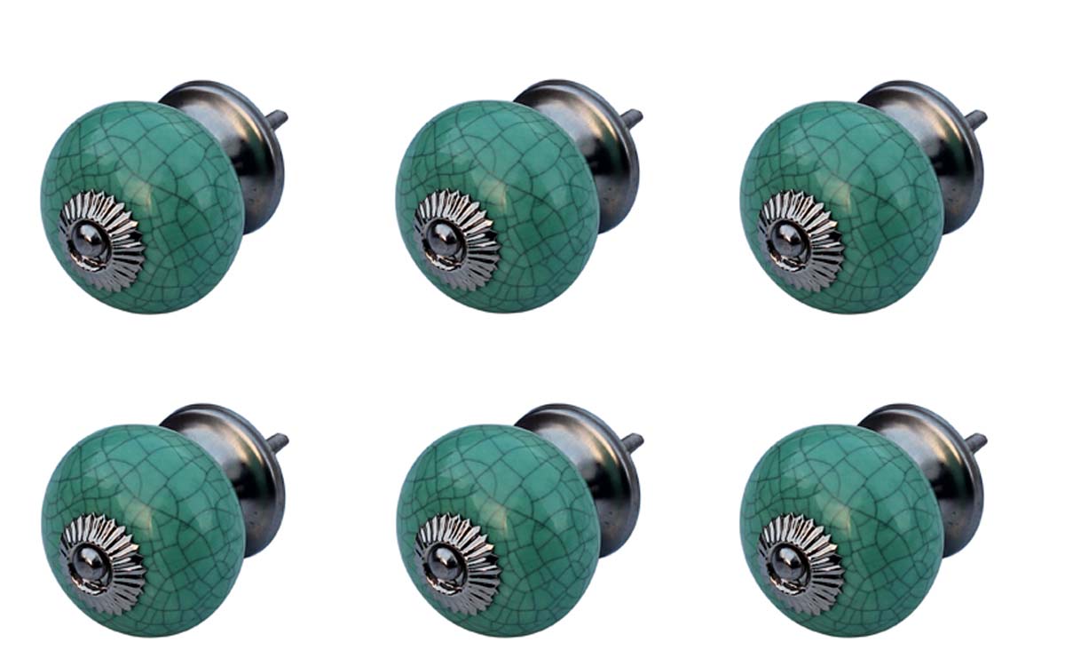 Bulk Wholesale Set of 6 Drawer Knobs / Pulls in Ceramic with Crackled Effect in Handmade Antique-Look Aqua Green Color - Decorative Handles for Drawers / Cabinets / Doors / Cup-Boards – Home Décor