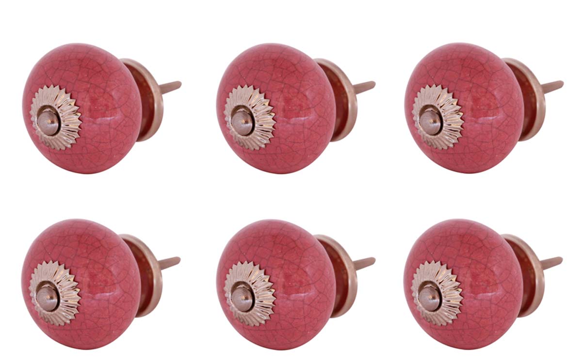 Bulk Wholesale Set of 6 Handmade Pink Color Drawer Knobs / Pulls in Ceramic with Crackled Effect - Decorative Handles for Drawers / Cabinets / Doors / Cup-Boards – Home Décor
