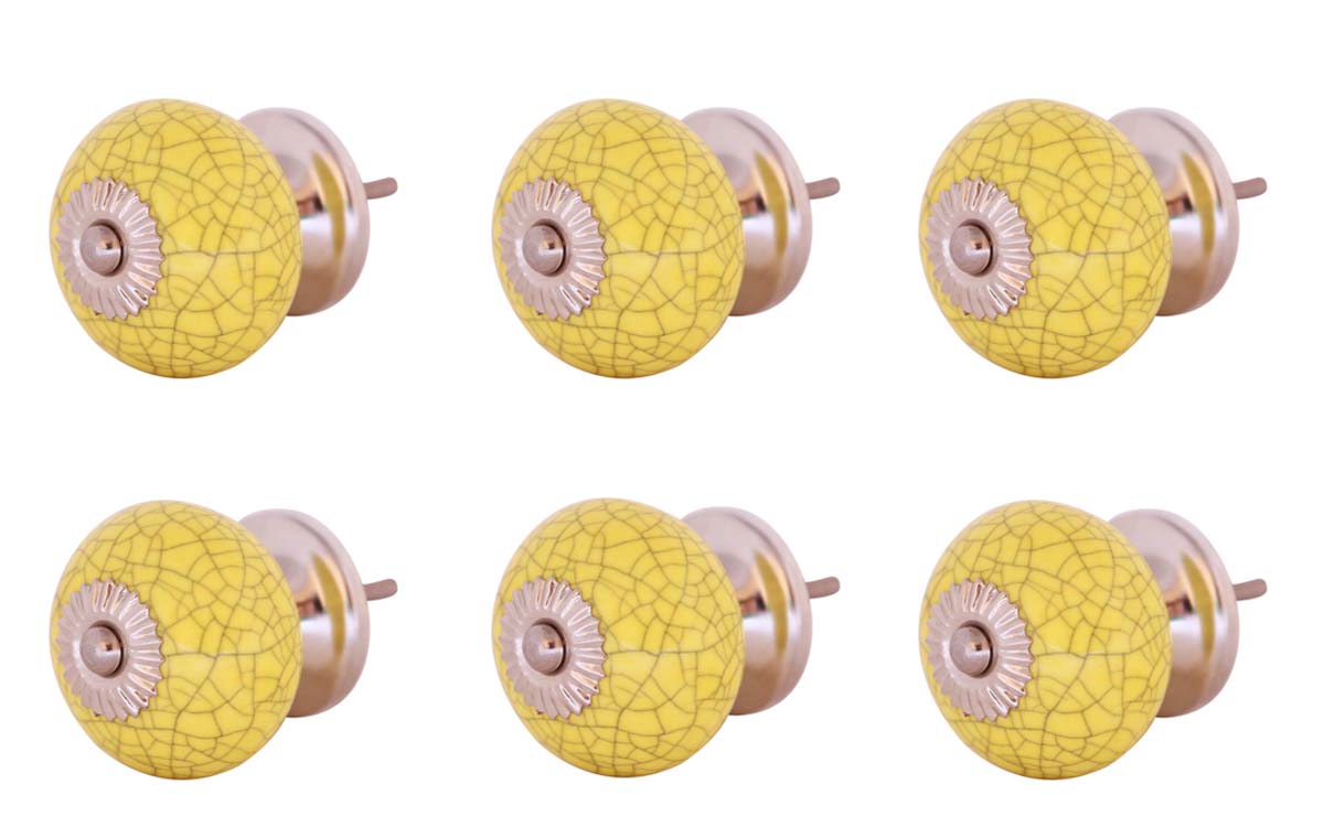 Bulk Wholesale Set of 6 Handmade Yellow Color Drawer Knobs / Pulls in Ceramic with Crackled Effect - Decorative Handles for Drawers / Cabinets / Doors / Cup-Boards – Home Décor