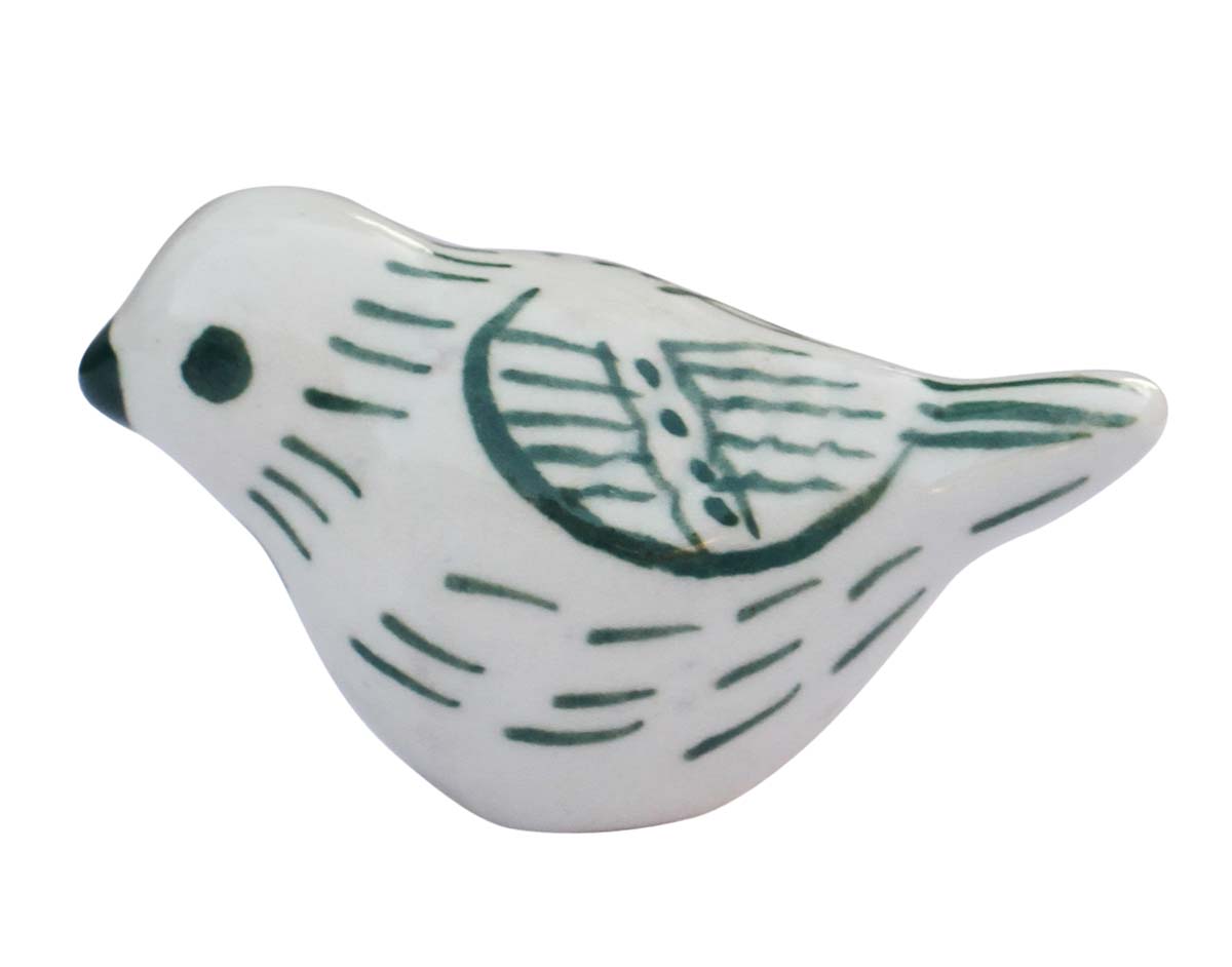 Bulk Wholesale Set of 6 Handmade Bird-Design Knobs in White Color – Beautified with Hand-Painted Patterns in Green Color – Decorative Drawer Pulls for Cabinet Doors / Dressers – Home Décor