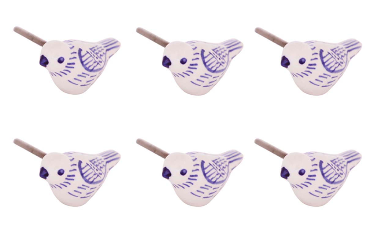 Bulk Wholesale Set of 6 Handmade Bird-Design Knobs in White Color – Beautified with Hand-Painted Patterns in Blue Color – Decorative Drawer Pulls for Cabinet Doors / Dressers – Home Décor