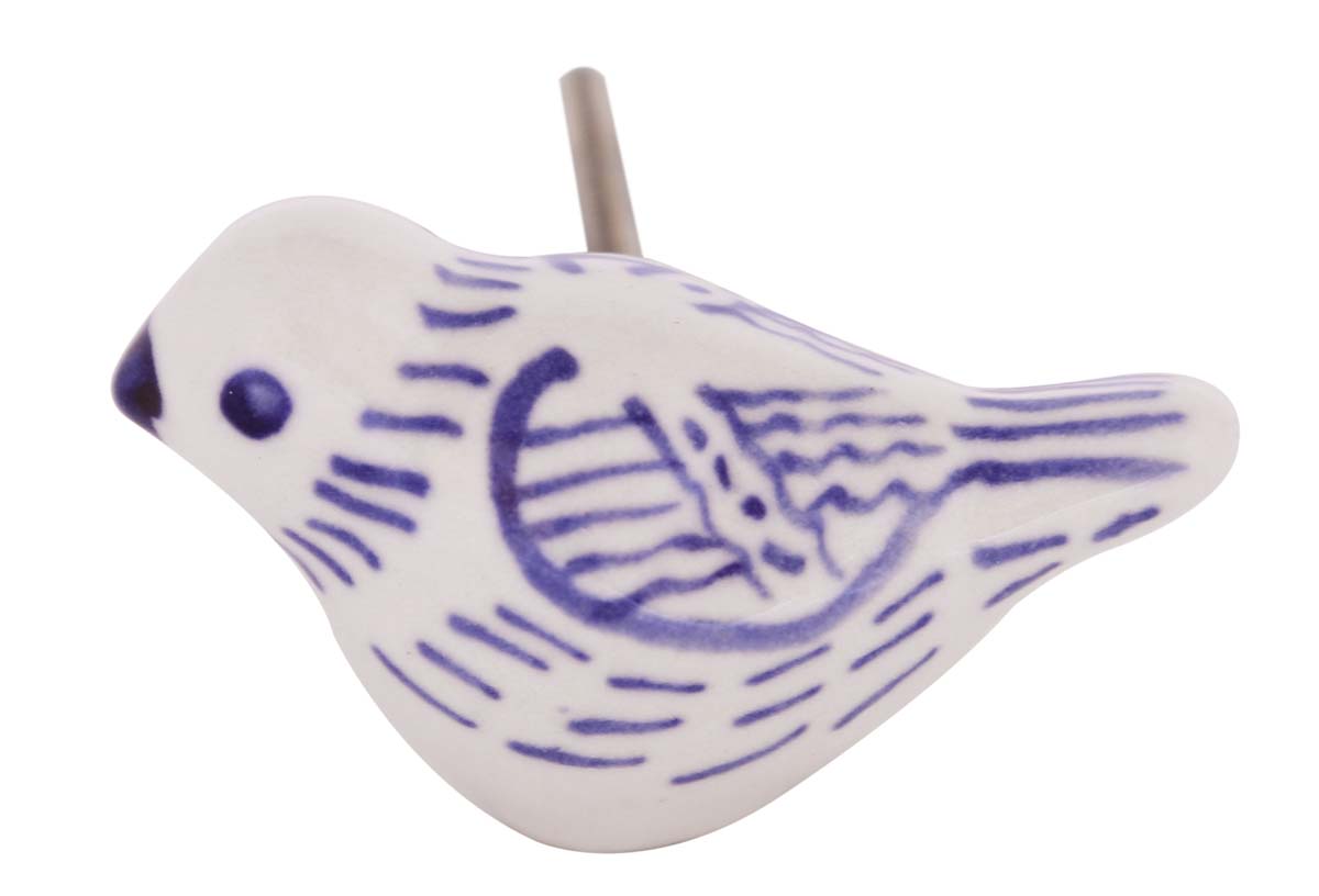 Bulk Wholesale Set of 6 Handmade Bird-Design Knobs in White Color – Beautified with Hand-Painted Patterns in Blue Color – Decorative Drawer Pulls for Cabinet Doors / Dressers – Home Décor
